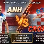 Ảnh bìa quảng bá trận đấu Anh vs Croatia tại Vòng bảng World Cup 2026 trên sân AT&T, thể hiện sự đối đầu của Harry Kane và Luka Modric.