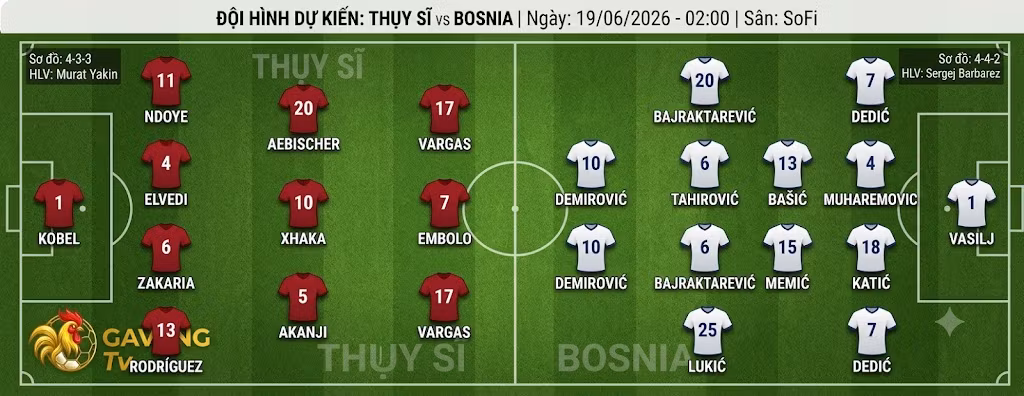 Sơ đồ đội hình dự kiến và vị trí các cầu thủ trận Thụy Sĩ vs Bosnia & Herzegovina ngày 19/06 trên sân vận động SoFi.