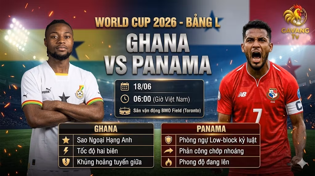 Poster nhận định trận đấu Ghana vs Panama tại bảng L World Cup 2026 trên Gavang TV với sự xuất hiện của Semenyo và Godoy.